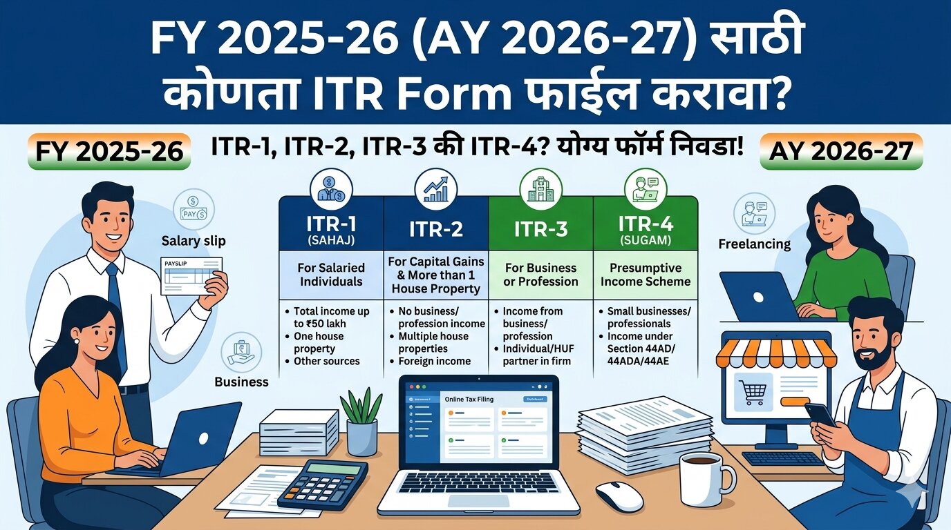 AY 2026-27 ITR Form ITR-1 vs ITR-2 vs ITR-3 vs ITR-4 Marathi ITR Guide कोणता ITR भरावा Freelancer साठी ITR Business साठी ITR Form Salary साठी ITR Form Income Tax Return Marathi ITR Form Marathi Which ITR Form to File